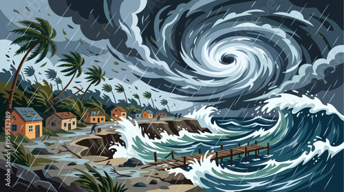 A powerful hurricane with swirling clouds unleashes heavy rain and massive waves on a tropical coastline with palm trees and small houses.