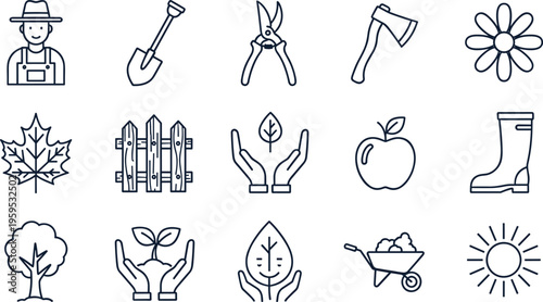 Gardening Line Icon Set Featuring Farmer Shovel Pruning Shears Ax Flower Leaf Fence Apple Rubber Boots Tree Wheelbarrow and Sun Symbols