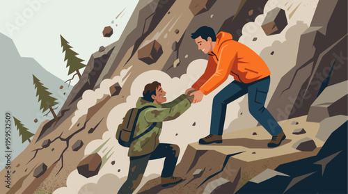 Two men in outdoor clothing extend helping hands to each other on a steep, rocky mountainside with falling debris, illustrating teamwork and support.