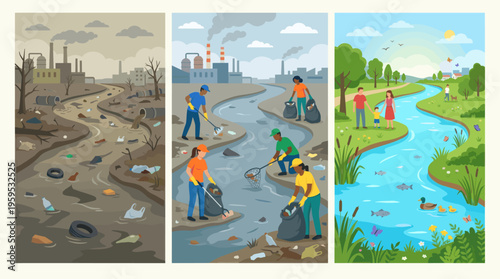 This illustration depicts three stages of a river's environmental health, from extreme pollution to a pristine ecosystem with people enjoying nature.