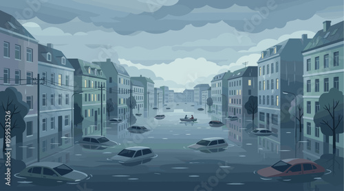 A surreal illustration depicts a city street submerged in floodwaters, with cars partially underwater and two people rowing a boat past submerged vehicles under a cloudy sky.