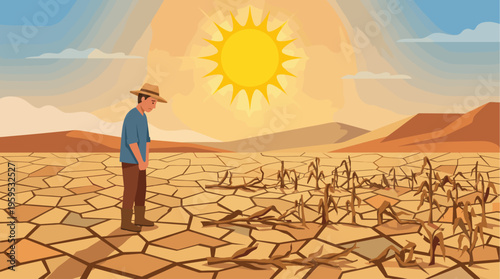 A lone farmer stands in a parched desert landscape with cracked earth and withered crops under a scorching sun, evoking feelings of despair and environmental hardship.