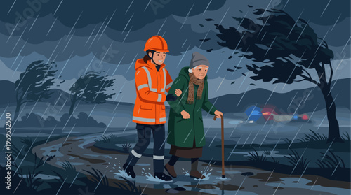 A rescuer in an orange safety jacket and hard hat assists an elderly woman with a cane and umbrella through a heavy rainstorm, with emergency vehicle lights in the background.