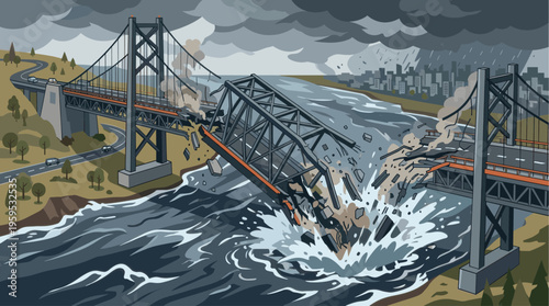 A suspension bridge collapses dramatically into a turbulent river under a dark, stormy sky with a city skyline in the background, evoking disaster and chaos.