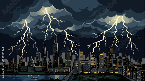 A dramatic illustration of a city skyline under a stormy night sky filled with jagged lightning bolts illuminating dark clouds over illuminated buildings and a river.