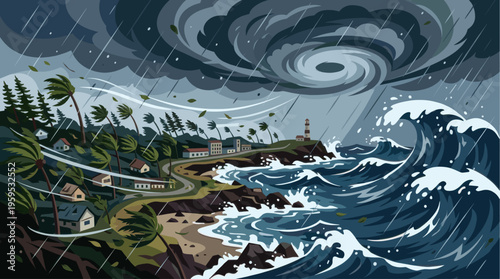 A dramatic illustration depicts a powerful hurricane bearing down on a coastal village, with massive waves crashing ashore and palm trees bent under the strong winds.