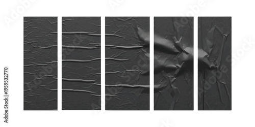 A collection of five vertical panels featuring varied dark gray paper textures and deep creases