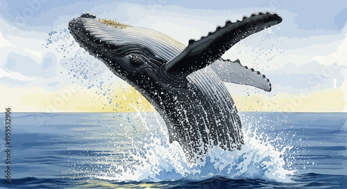 Majestic Humpback Whale Breaching in Ocean Waves at Sunrise Stunning Wildlife Photography