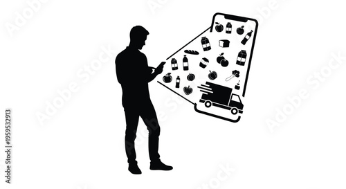 Silhouette of man ordering groceries and essential goods through a mobile application delivery service