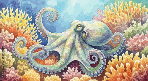 Vibrant Watercolor Octopus Amidst Colorful Coral Reef Underwater Scene
