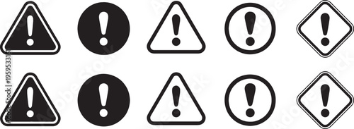 Collection of various warning signs and exclamation mark symbols