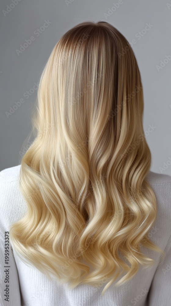 Naklejka premium Back view of woman with long smooth blonde hair in soft waves, representing beauty, hair care and styling.