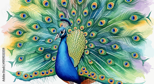 Magnificent Peacock Displaying Vibrant Eye Patterned Feathers Watercolor Art