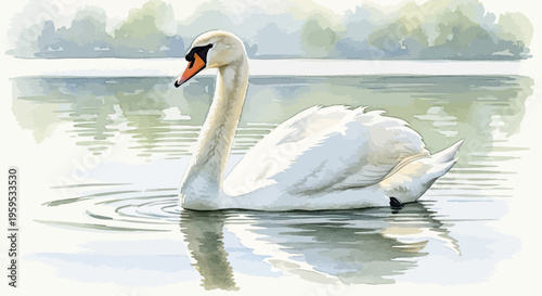 Elegant White Swan Glides Gracefully on Serene Lake Water Watercolor Painting Illustration