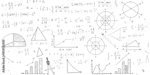 A detailed illustration featuring various mathematical formulas and geometric shapes on a white background
