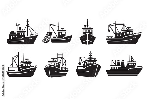 Commercial Fishing Boat Icon Set: Industrial Trawler and Deep Sea Vessel Silhouettes