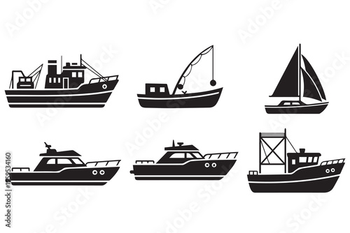 Ship and Boat Silhouette Icon Set: Fishing Trawlers, Sailboats, and Commercial Vessel Vectors
