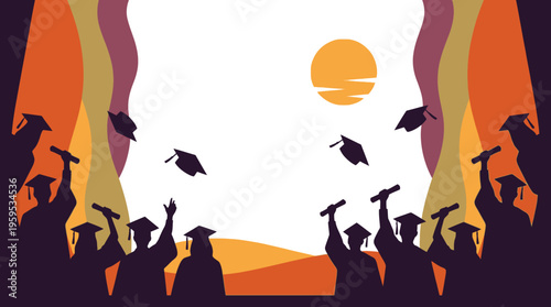 Vector illustration celebrating graduates silhouetted by a glowing sunset, caps tossed high, symbolizing academic success and bright future