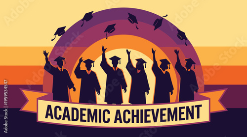Vibrant vector illustration capturing the joy of academic achievement, with graduates celebrating against a stylized geometric sunset, marking a significant milestone