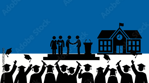 Graduation celebration vector art Students joyfully tossing caps, signifying academic success and bright futures, with ceremony and school backdrop