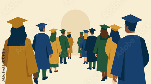 Graduating students in academic regalia walking towards a bright future symbolizing achievement and new beginnings