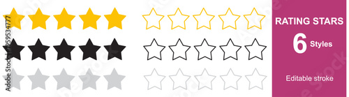 5 Star Rating Icons Set – Review, Feedback & Quality Stars Collection in 6 Styles, Editable Vector