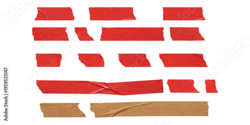 A collection of various strips of red and brown adhesive tape isolated on a clean white background