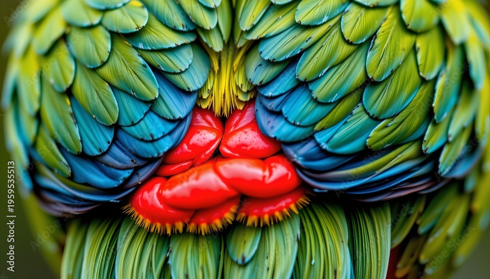 Obraz premium The image features a close up of a bird with vibrant, colorful feathers. The feathers display shades of green, blue, and yellow, arranged in overlapping layers that create a textured pattern