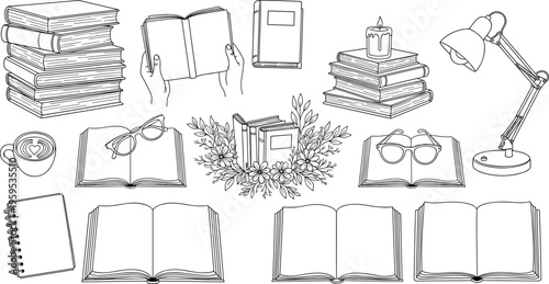 Hand drawn books and study elements set with notebooks glasses lamp coffee and stacks vintage sketch vector illustration isolated collection