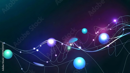 Abstract decentralized network with pulsing light trails – Suitable for cryptocurrency, tech startups, or virtual reality backgrounds.