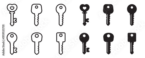 Set of twelve key icons in outline and solid styles representing security, access, locking systems, and protection. Ideal for apps, UI design, locksmith services, authentication, and digital security 