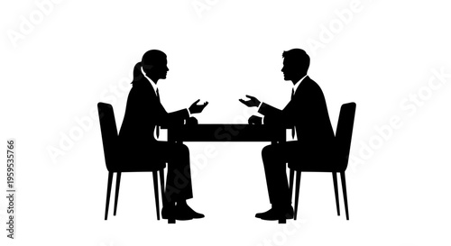 Professional business discussion between two individuals at a table, depicted as black silhouettes, illustrating communication and negotiation concepts