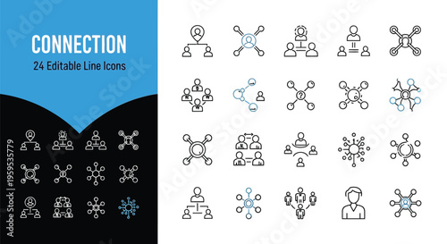 Collection of editable line icons illustrating diverse connections, people networks, and organizational relationships.