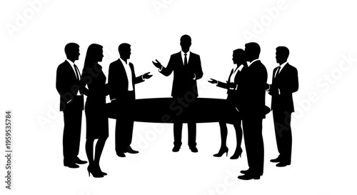 Business meeting illustration of a group of professionals in silhouette discussing ideas around a table