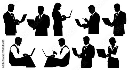 Business Professionals Silhouetted Using Laptops in Various Poses for Corporate Communications and Digital Workflows