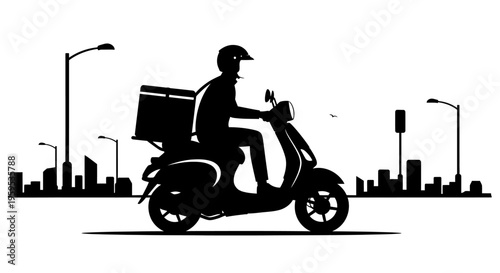 Silhouette of a delivery courier on a scooter with a cityscape in the background