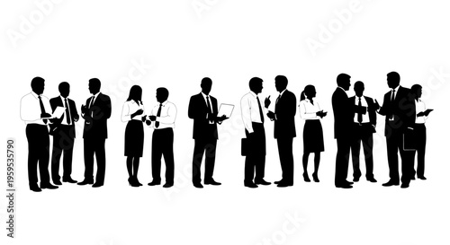 Dynamic silhouette illustration of business people networking and collaborating, representing professional communication and teamwork