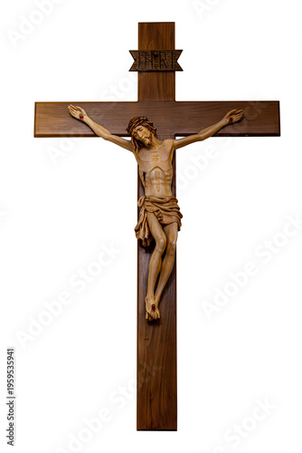 Wooden Crucifix with Jesus Figure Isolated PNG
