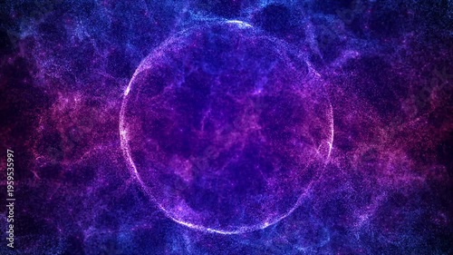Purple Blue Cosmic Energy Sphere with Plasma Ring and Nebula Particles – Abstract Quantum Field Loop Background