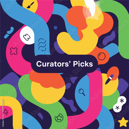 Colorful, abstract composition with fluid shapes and quirky icons