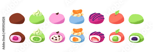 Set of mochi. Cut jelly candies with different fillings. Sweet food, Japanese desserts with berries and fruit. Gummy snacks of Asian cuisine. Flat isolated vector illustration on white background