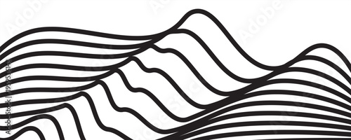 Abstract black wavy stripes forming a flowing, ribbon-like pattern on a white background. design features dynamic curved lines creating a sense of depth, movement, and modern optical style