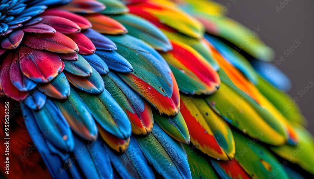 Fototapeta premium The image showcases a close up of a vibrant, multicolored arrangement of feathers, likely from a tropical bird or a decorative piece mimicking such