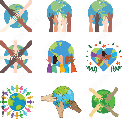 Global unity: diverse hands unite around planet earth for environmental awareness with helping hands