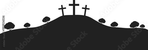 Silhouette of three crosses on hill with trees symbolizing Calvary crucifixion scene in Christian tradition vector illustration design