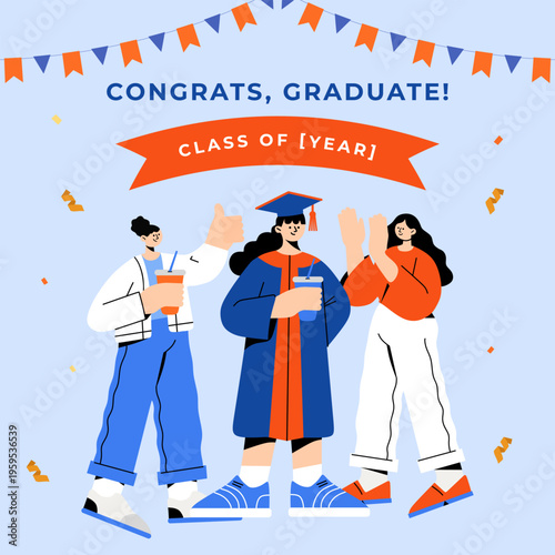 Graduate woman wearing gown and cap celebrating with friend holding drink. Happy student graduation ceremony event. Academic success achievement, congratulation banner vector illustration.