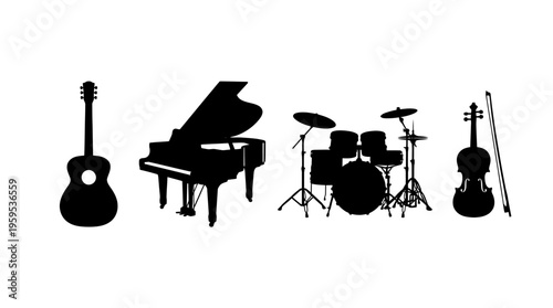 Five musical instrument silhouettes side by side, including guitar, piano, drum set, violin, and bow, representing diverse musical expression.