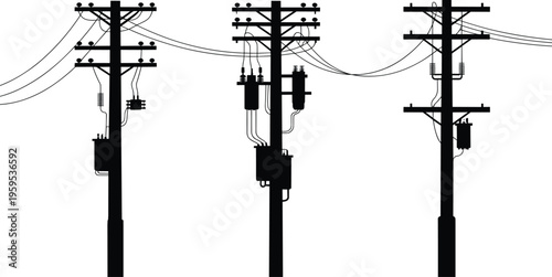 Silhouette of three utility poles with crossarms, insulators, transformers and electrical wires showing power distribution infrastructure vector illustration