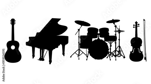 Five musical instrument silhouettes side by side, including guitar, piano, drum set, violin, and bow, representing diverse musical expression.