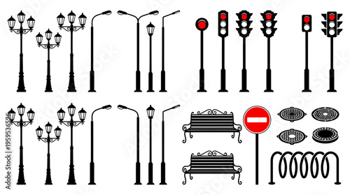 Urban street silhouettes showing lamps, traffic lights, benches, manhole covers, bike racks, and signage, representing public space design elements.